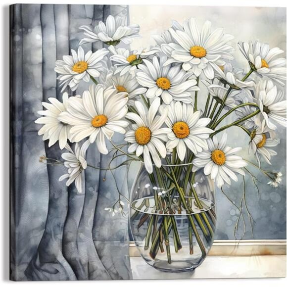 Gray Daisy Bathroom Wall Decor Canvas Print Picture Art Hanging Dining Dining - Picture 1 of 8